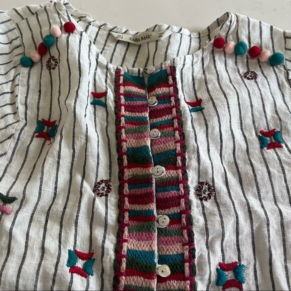 Zara Embroidered Linen Pompom Peplum Top Striped Boho 3/4 Sleeves Sz S - Picture 6 of 11
